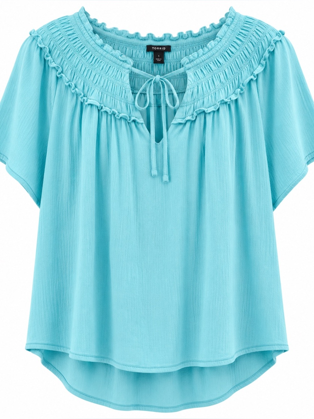 Torrid Size 1 Aqua Smocked Ruffle Neck Flutter Sleeve Blouse
